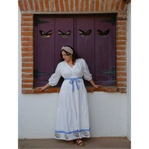 SOLD White Linen Maxi Dress with Blue Accents